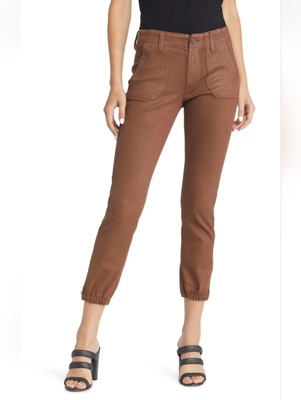 Dex Sophia Brown Coated High Rise Ankle Jogger Pants. Size 28.